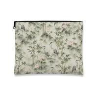 Traditional Oriental Makeup Bag, Elegant Water Lily Crane Cosmetic Travel Pouch for Women, Portable Small Canvas Zipper Organizer, Spring Skincare Toiletry Bag, Green, 7x9 Inch, Water Lily