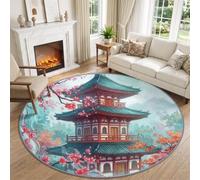Traditional Oriental Round Rug for Living Room 100 cm, Teal Green Carpet | Washable Japanese Style Classic Architecture Maple Tree Circle Carpet for Bedroom, Short Pile Non Slip Rug, Stain Resistant