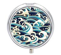 Traditional Oriental Seamless Waves Splashes Blue White Pattern Iron Pill Box Case Organizer with Internal Separate Plastic Dividers, Travel Small Medicine Bag Holder Carrier Round Container