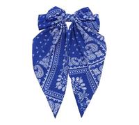 Traditional Oversized Paisley Print Satin Feel Bow With Tails French Barrette Clip. (Blue)