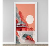 Traditional Palace Door Mural, Chinese Ancient Architecture Murals Stickers 90x200 cm, Mountain Sun 3D Door Stickers Vinyl Self-Adhesive Peel and Stick Bedroom Living Room Door Decoration Y4d43