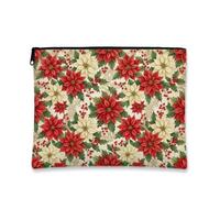 Traditional Poinsettia Floral Christmas Makeup Bag 7x9 Inch | Botanical Floral Print, Cosmetic Bag, Red And Cream Color Palette, Winter Seasonal Decor, Versatile Travel Organizer