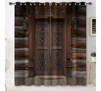 Traditional Retro Wooden Door Carved Blackout Curtains for Living Room Bedroom W55 x L90 Inch (2 Panels), Dark Brown Print Eyelet Curtain Thermal Insulated Noise Reducing Window Curtain Drapes