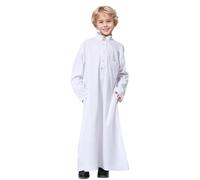 Traditional Robe for Kids Boy's Muslim Outfit Arab Solid Color Thobe Long Sleeve Loose Fitting Kaftan Thobe Abaya Arabic Thobe Wear Kaftan Embroidered Robe (B-White, 7-8 Years)