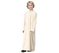 Traditional Robe for Kids Boy's Muslim Outfit Arab Solid Color Thobe Long Sleeve Loose Fitting Kaftan Thobe Abaya Arabic Thobe Wear Kaftan Embroidered Robe (B-Beige, 11-12 Years)