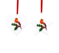Traditional Robin Bird Baubles, Set of 2 Heart & Star White Baubles, White Christmas Decorations, Hanging Xmas Ceramic Christmas Tree Ornaments, Xmas Star Bauble, Hanging Heart Decoration