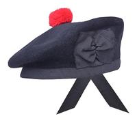 Traditional Scottish Balmoral Bonnet Hat - Men's Wool Kilt Hat with Red Pompom & Ribbons -Comfortable Fit -Highland Dress Accessory - Scottish Army Beret Cap (UK, Numeric, 7 1/8, Plain Black)