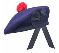 Traditional Scottish Balmoral Bonnet Hat - Men's Wool Kilt Hat with Red Pompom & Ribbons -Comfortable Fit -Highland Dress Accessory - Scottish Army Beret Cap (UK, Numeric, 7, Navy Blue)