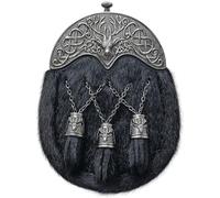 Traditional Scottish Full Dress Kilt Sporran Premium Black Fur, Featuring a Stag Head Antique Pewter Cantle, and Leather Chain Belt - Handcrafted Highland kilt sporran for men (Black - Stag Sporran)