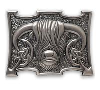 Traditional Scottish Heilan Coo Kilt Belt Buckle, Highland Cow Kilt Buckle Made from Pewter - Elegant Celtic Kilts Accessory for Men - Size 10cm x 7.6cm (Silver Antique)