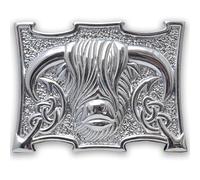 Traditional Scottish Heilan Coo Kilt Belt Buckle, Highland Cow Kilt Buckle Made from Pewter - Elegant Celtic Kilts Accessory for Men - Size 10cm x 7.6cm (Chrome Finish)