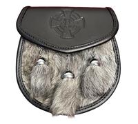 Traditional Scottish Highland Sporran with Premium Leather Flap, Decorative Tassels and Adjustable Chain Belt (Celtic Cross Grey Fur)