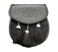 Traditional Scottish Highland Sporran with Premium Leather Flap, Decorative Tassels and Adjustable Chain Belt (Black Fur Celtic Embossed)