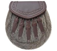 Traditional Scottish Semi-Dress Kilt Sporran - Brown Leather Flap Brogue Design with 5 Tassels, Elegant Handcrafted Daywear Kilt Sporran Featuring Chain Belt (Brogue 5 Tassles, Brown)