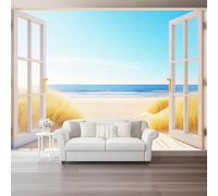 Traditional Sea View Fresh Window View Photo Wallpaper 78.7" x 55.1" Non-Woven Premium Wall Mural for Living Room Kids Bedroom Decoration Poster Blue-Yellow Light White