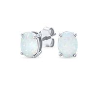 Traditional Simple Classic White Opulence Gemstone Created Opal Oval Stud Earrings .925 Sterling Silver 7MM October Birthstone