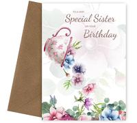 Traditional Sister Birthday Card for Her - Special Sister Floral Tea Cup Bday Cards for Her with Lovely Words - Watercolour Birthday Card for 18th 19th 20th 25th 30th