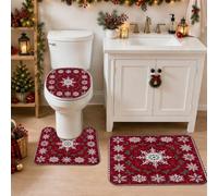 Traditional Snowflake and Holly Snowflakes Bathroom Rugs Sets 3 Piece | Holly Berries, Bathroom Floor Mat, Winter Seasonal Theme, Soft Flannel Texture, Cushioned Sponge Layer, Moisture Absorbent
