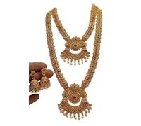Traditional South Indian Gold-Plated Temple Jewelry Set, Antique Pearl Necklace with Pendant, Ruby Stones, Long Haram Design for Wedding