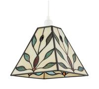 Traditional Square Tiffany Glass Pendant Light Shade with Emerald Green Leaves| 20cm x 18cm | Coral Red Glass Gems and Accents by Happy Homewares