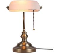 Traditional Style Bankers Table Lamp with Pull Chain Switch Plug, White Glass Shade Banker's Desk for Living Room Office Study Reading Metal in Fixture Satin Brass Finish (White)