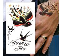 Traditional Swallows Temporary Tattoos - Free to Fly/Hapiness Quote Realistic Waterproof Transfer Sticker Arm Body Art Men Women Kids - By Delusion Tattoos