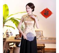 Traditional Tang Style Satin Shirt for Ladies Featuring Dragon Phoenix Pattern Pullover Blouse for Casual and Social Events (S Golden)
