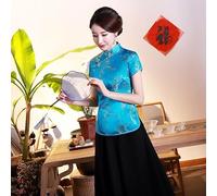 Traditional Tang Style Satin Shirt for Ladies Featuring Dragon Phoenix Pattern Pullover Blouse for Casual and Social Events (XXL Blue)