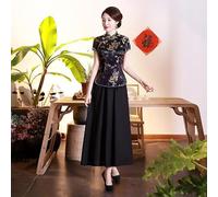 Traditional Tang Style Satin Shirt for Ladies Featuring Dragon Phoenix Pattern Pullover Blouse for Casual and Social Events (XL Black)