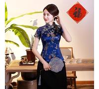 Traditional Tang Style Satin Shirt with Dragon Phoenix Motif for Women Chinese Tops Blouse Pullover Suitable for Spring Summer Casual and Party Wear (XXL Navy Blue)
