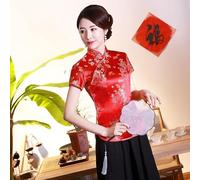 Traditional Tang Style Satin Shirt with Dragon Phoenix Motif for Women Chinese Tops Blouse Pullover Suitable for Spring Summer Casual and Party Wear (XXXL Red)
