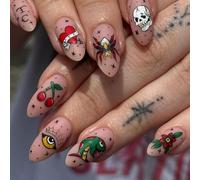 Traditional Tattoo Art Press-On Nails - Edgy Skull, Snake & Spider Designs, Medium Almond Fake Nails for Goth, Punk & Alternative Style