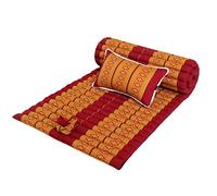 Traditional Thai Kapok Roll-Up Meditation Mattress with Matching Support Pillow for Yoga Massage or Relaxation (Copper, Burgundy)