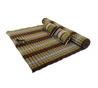 Traditional Thai Kapok XXL Roll-Up Meditation Mattress with 2 Matching Support Pillows for Yoga Massage or Relaxation (Green, Brown)