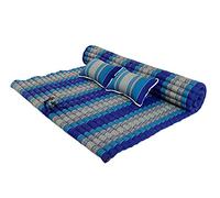 Traditional Thai Kapok XXL Roll-Up Meditation Mattress with 2 Matching Support Pillows for Yoga Massage or Relaxation (Light Blue, Dark Blue)