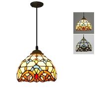 Traditional Themed Yellow Stained Glass Pendant Lamp Shade Light Ceiling Hanging Light Decorative E27 Light Fixture Antique Art Deco for Kitchen Dinning Room Living room Restaurant café bar (A)