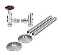 Traditional Thermostatic Radiator Valves Chrome Angled - 1/2" x 15mm with Matching Clip-on Pipe Covers and Collars