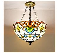 Traditional Tiffany Style Flush Uplighter Ceiling Light, Coloured Stained Glass Finish Retro Metal Glass Lamp Flower Shape Design Chandelier(E27*2)