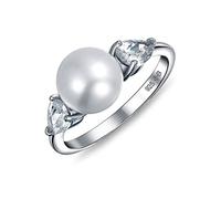 Traditional Timeless Wedding CZ Halo Solitaire Simulated White Pearl Cocktail Engagement Ring For Women .925 Sterling Silver