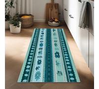 Traditional Tribal Style Hallway Runner Rug Non Slip 40 x 120 cm, Washable Kitchen Long Carpet Runner Soft Teal Border Flowers Low Pile Rug for Entryway Bedroom Laundry Living Room