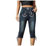 Traditional Trousers Women's Long Jeans - Traditional Jeans Women's 3/4 Simple Breathable Slim with Embroidery Jeans Stretch with Pockets Easy Care Bavarian Jeans for Beer Festival Carnival
