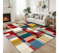 Traditional Vintage Area Rug 180x240 cm, Shabby Chic Geometric Colourful Check Pattern Washable Carpet Short Pile Non-Slip Carpet - Beige Indoor Floor Rug for Dining Room Bedroom Office Home Decor