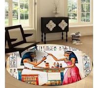 Traditional Vintage Hieroglyphs Runes Washable Round Carpet 220 cm, Grey Gold Bedroom Circular Non-slip Rug - Print Decor Short Pile Carpet Non-Shedding for Living Room Kitchen Office Playroom