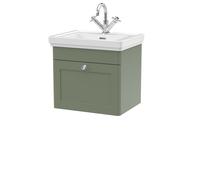 Traditional Wall Hung 1 Drawer Vanity Unit with 1 Tap Hole Fireclay Basin, 500mm - Satin Green
