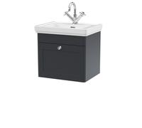 Traditional Wall Hung 1 Drawer Vanity Unit with 1 Tap Hole Fireclay Basin, 500mm - Soft Black