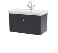 Traditional Wall Hung 1 Drawer Vanity Unit with 1 Tap Hole Fireclay Basin, 800mm - Soft Black