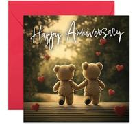 Traditional Wedding Anniversary Card for Husband or Wife, Teddy Bears Walking in Park Design - Square Card, Blank Inside With Envelope