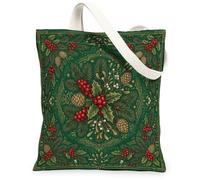Traditional Winter Botanical Holly Print Berries Canvas Tote Bag 13x15 Inch | Pine Cones, Mistletoe, Botanical Illustration, Woodland Aesthetic, Seasonal Accessory