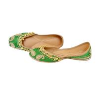 Traditional Women's Jutti Flats, Green with Gold Embroidery, Handcrafted Indian Ballet Shoes, Black and Gold, 7 UK