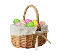 Traditional Woven Wooden Easter Basket with White Fabric Lining and Bow, Classic Wicker Egg Hunt Bucket with Handle, Rustic Spring Party Favour and Tabletop Decor